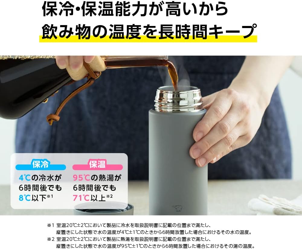 Zojirushi Mahobin Wasserflasche, Nahtlose 17 fl oz (480 ml), Schraubbecher aus Edelstahl, mittelgrau