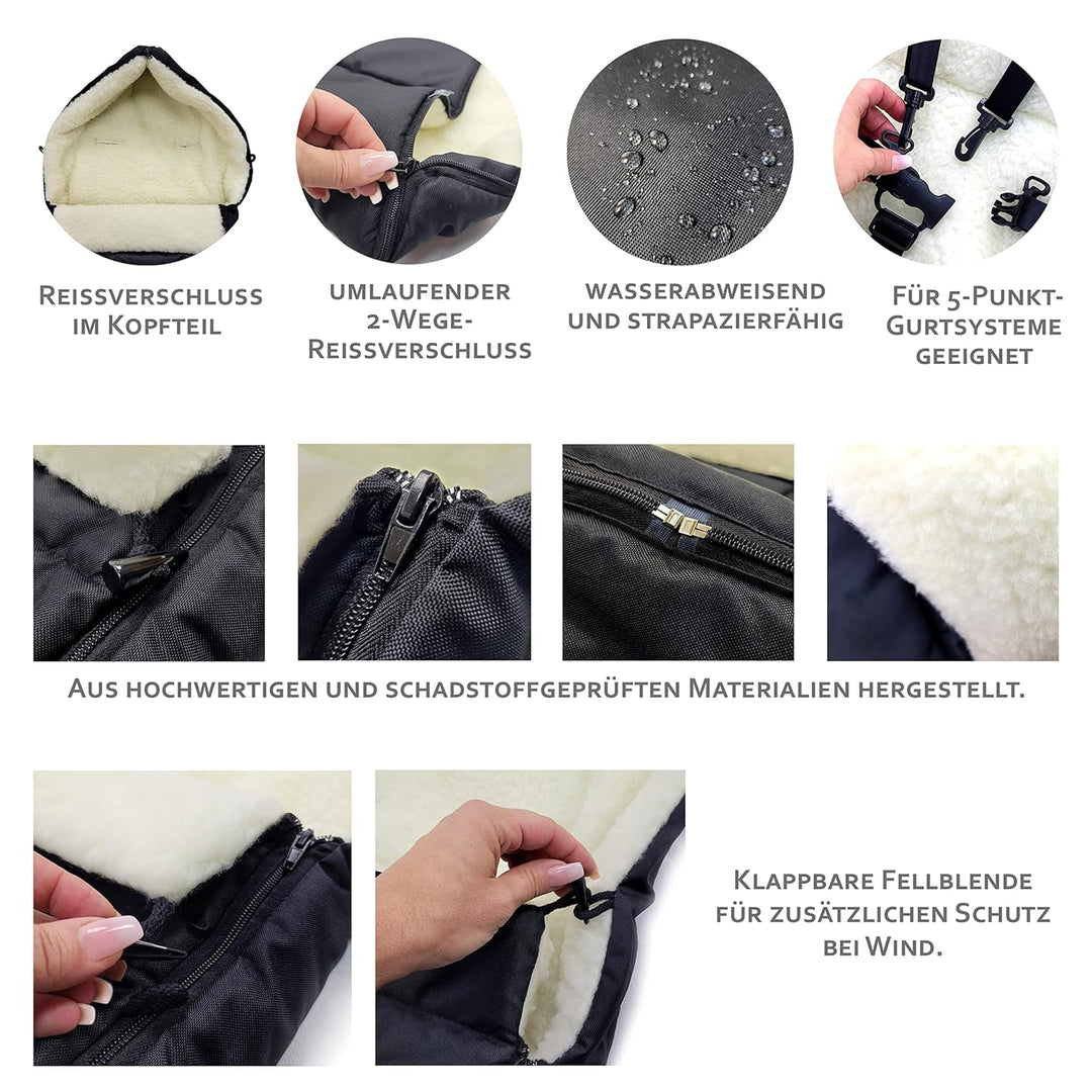 BAMBINIWELT KOMBI-ANGEBOT Muff + Winterfusssack 108cm - aus Lammwolle für Kinderwagen, Buggy, Radanh