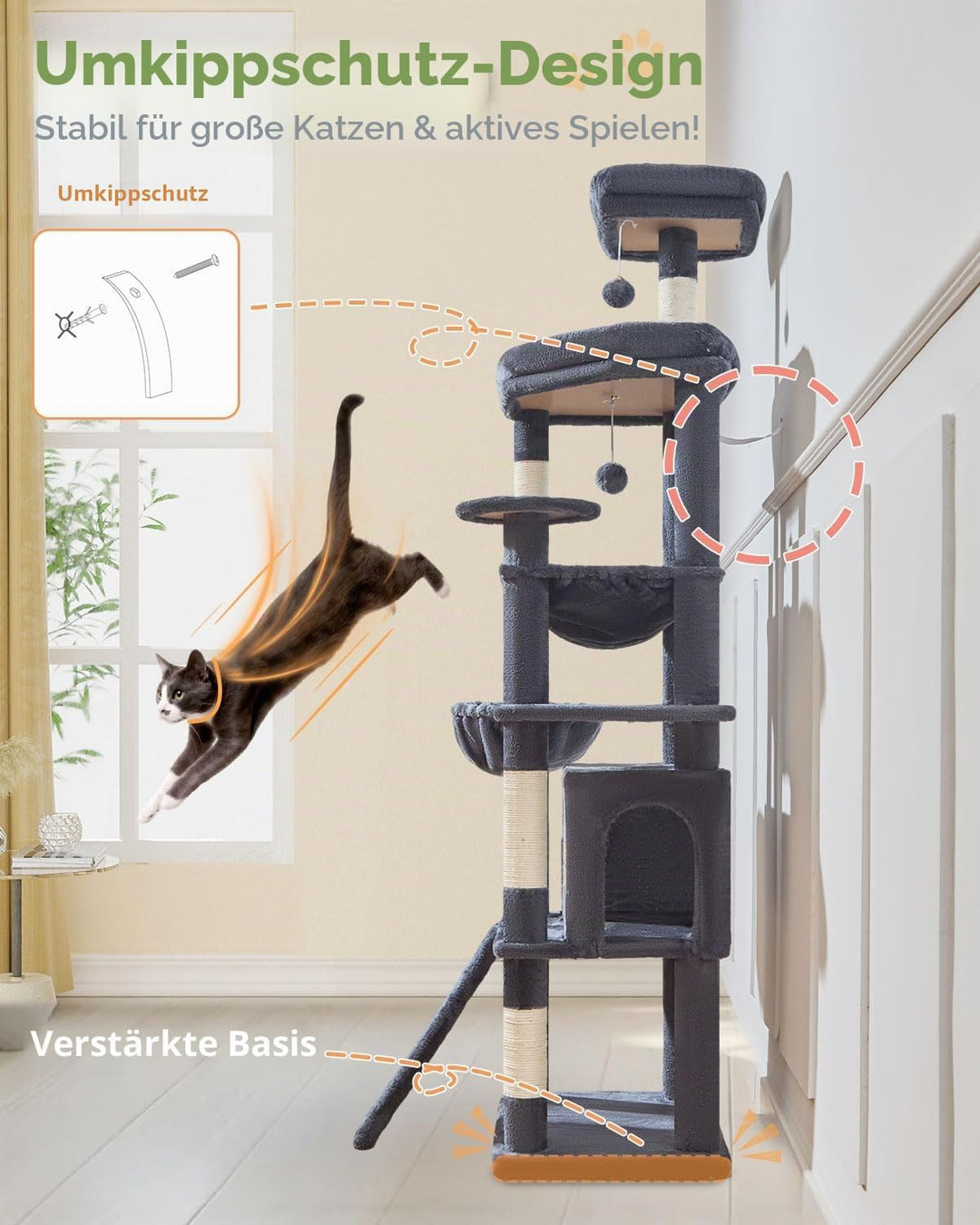 Taoqimiao 183CM Kratzbaum Gross XXL, Katzenbaum Kratzbaum Grosse Katzen Stabil Katzenkratzbaum mit K