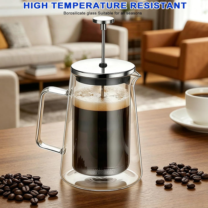 French Press 1 Liter Kaffeepresse, Kaffeebereiter Doppelwand Glas Kaffeepresse mit Edelstahl-Filter,