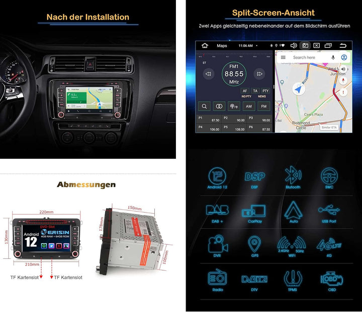 Erisin Android 12 8-Kern 4GB RAM+ 64GB ROM Autoradio Mit GPS Navi für VW Passat Golf 5/6 Touran Skod