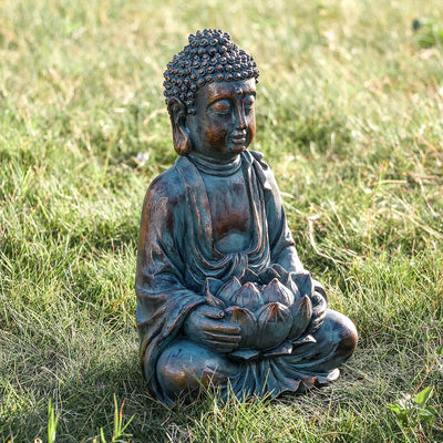 TERESA'S COLLECTIONS 32cm Buddha Figur Garten Solarleuchte Harz sitzende Budda Statue Gartenfigur Fr