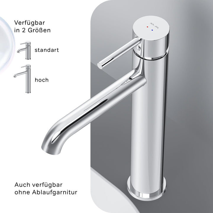 Wasserhahn Bad Hoch, Waschtischarmatur mit Klick-Ablaufgarnitur, Waschbecken Badarmatur, Mischbatter