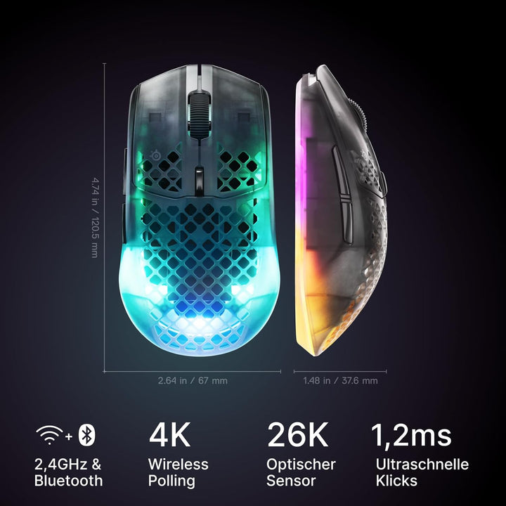 SteelSeries Aerox 3 Wireless Gen 2 – Ultraleichte 68-g-Gaming-Maus, 4K-Polling, 26K-DPI-Optiksensor,