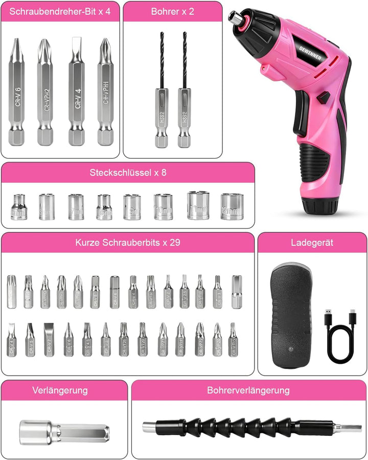 DEWINNER Akkuschrauber Rosa 3,6V 3N.m 1300mAh – Kompakter Bohrschrauber mit LED-Licht, USB-C Ladekab