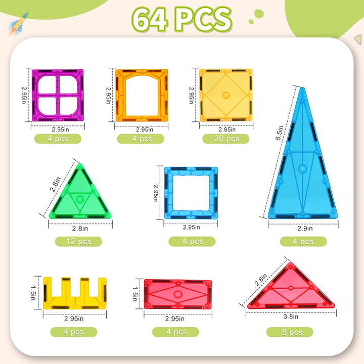 Katiago Magnetische Bausteine, 64 Teile Magnet Bausteine Spielzeug Kinder 3D Farbenfrohe Starterset
