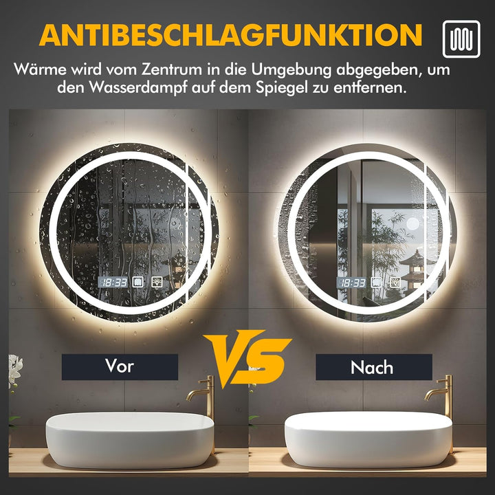 Badspiegel mit Beleuchtung 60x60cm,Runder Spiegel mit Licht,Badezimmerspiegel mit Beleuchtung und En