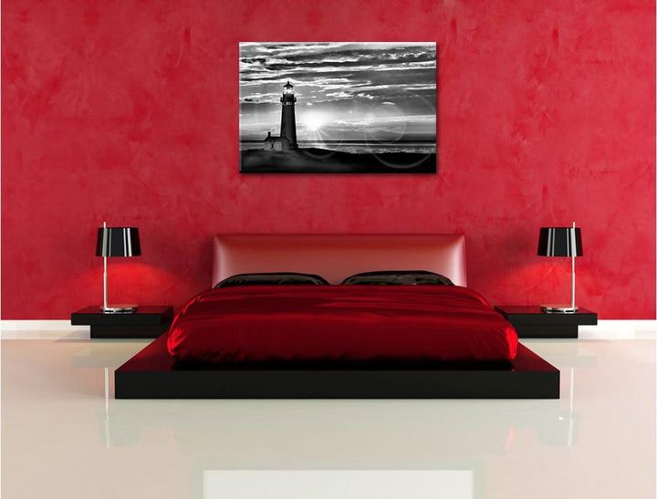 Pixxprint Monocrome, Grosser Leuchtturm im Sonnenuntergang, Format: 100x70 auf Leinwand, XXL riesige