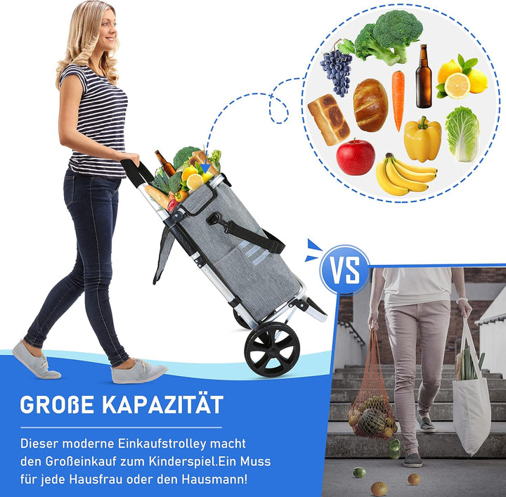 Ribelli Einkaufstrolley mit Kühlfach, Einkaufswagen Klappbar bis 45 kg, Hochwertiger Aluminium Rahme