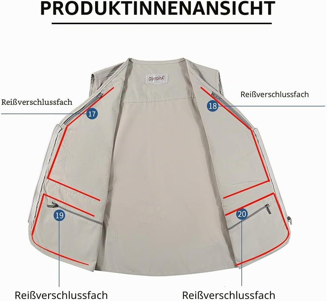 Herren Leichte Freizeitweste, Outdoor, Herren, mehrere Taschen, Weste, Casual, Sportjacke, Journalis