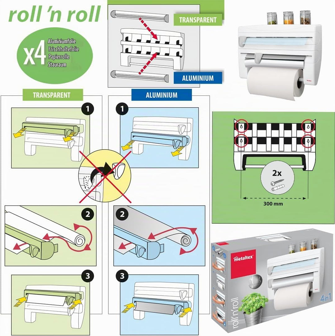 Metaltex 254410 Roll-n-Roll 4-in-1 Küchenrollenhalter, Weiss , 39 x 10 x 25 cm.