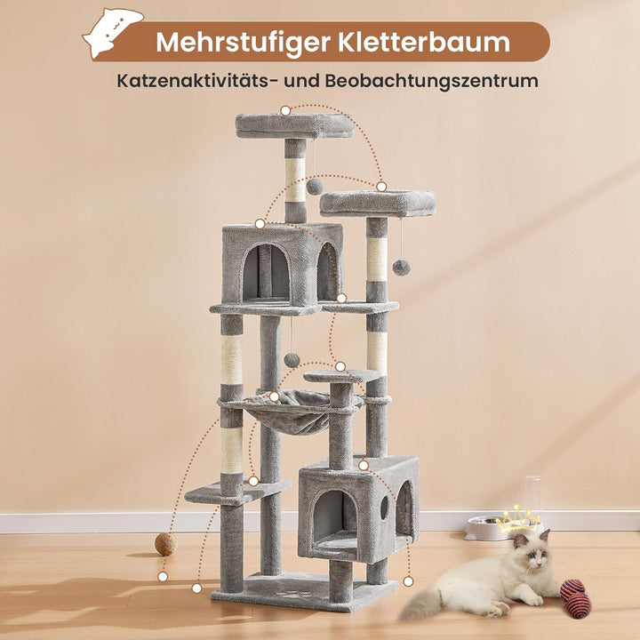 MSmask Kratzbaum gross, L Katzenbaum Stabil, Katzenkratzbaum mit 2 Plattformen, 2 Katzenhöhlen, Häng