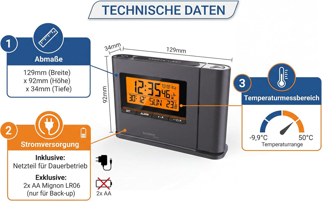 Technoline Projektionswecker WT 519 mit Funkuhr, Innentemperaturanzeige und Datumsanzeige, Mehrfarbi