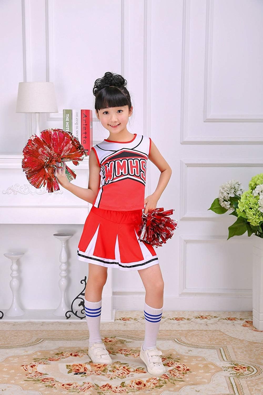 LOLANTA Mädchen rot &amp; blau Cheerleader Kostüm befestigen Pom Poms Socken, Kinder Cheer Outfit Karnev