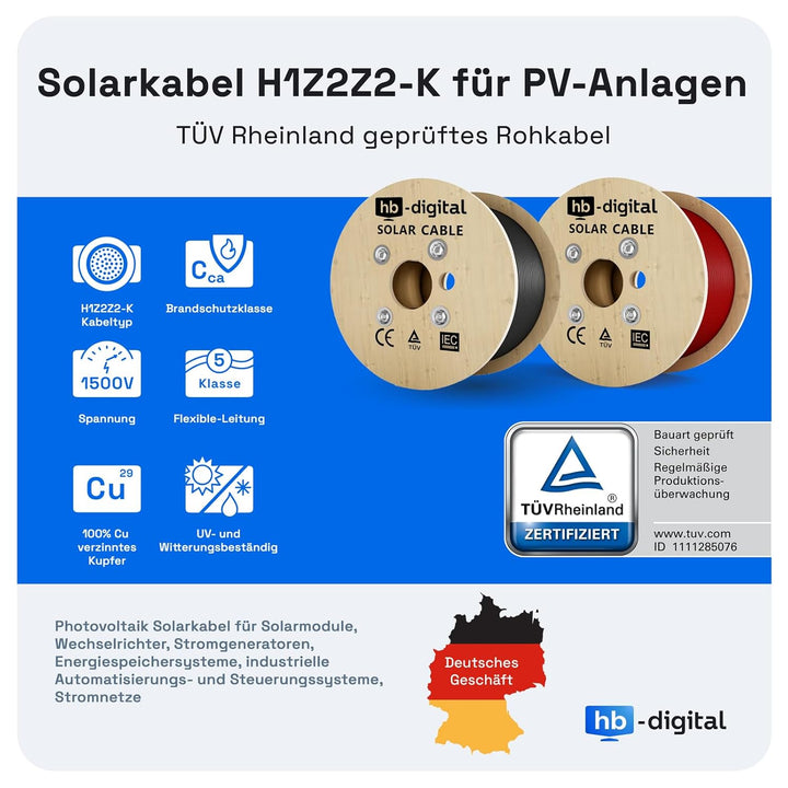hb-digital 20m Solarkabel H1Z2Z2-K TÜV Rheinland geprüft 6mm2 UV-beständig flexibel PV Kabel Reines