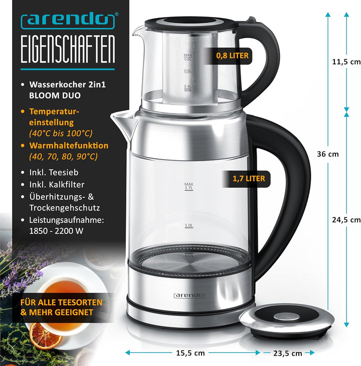 Arendo - Glas Wasserkocher mit Temperatureinstellung 1,8 Liter - Teekocher 0,8 Liter mit Sieb - 2200