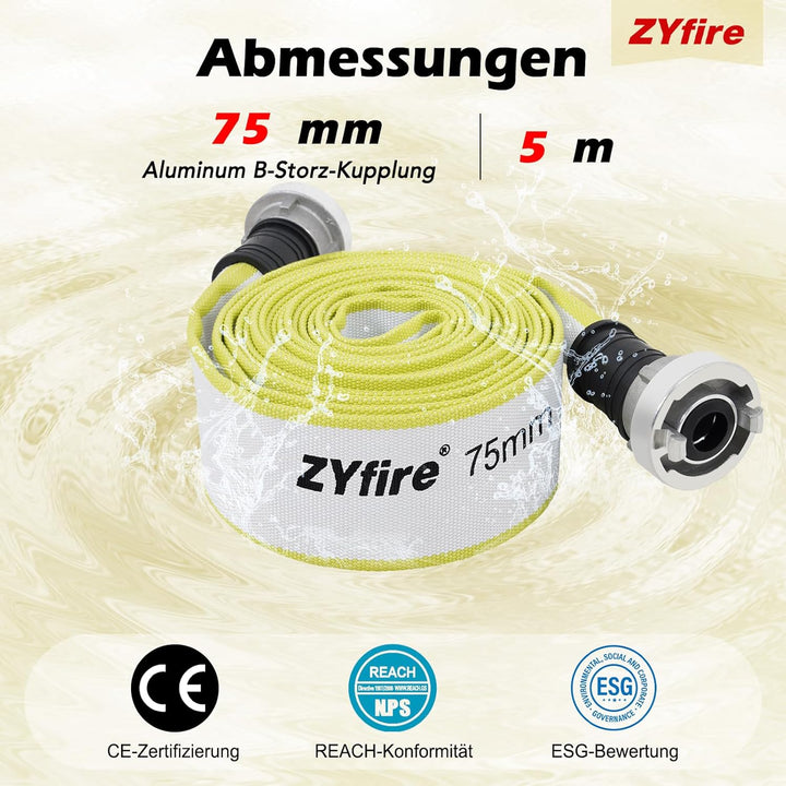 ZYfire Feuerwehrschlauch 75mm x 5m | 3 Zoll Feuerschlauch mit B-Storz Kupplung | flexibler Wassersch