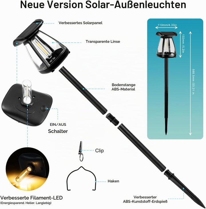 Solarlaterne für Aussen, 2 Stück, Hängend &amp; Stehend | IP65 Wasserdicht, Doppel-Solarpaneele, Zweistu