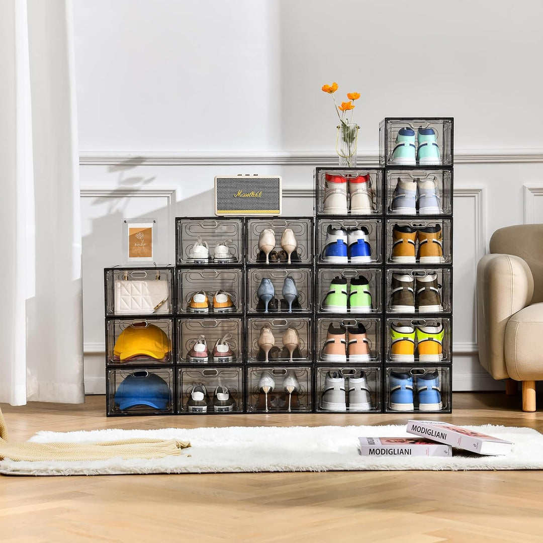 Schuhaufbewahrung, stapelbare Schuhboxen für Schrank, Kunststoff-Schuhbox mit grauer Tür, einfach zu
