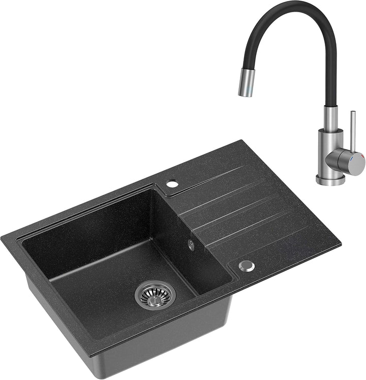 VBChome Spüle mit Armatur 78 x 50 cm Tiefes Becken 20cm Schwarz Küche Grosse Abtropfflache Einbauspü