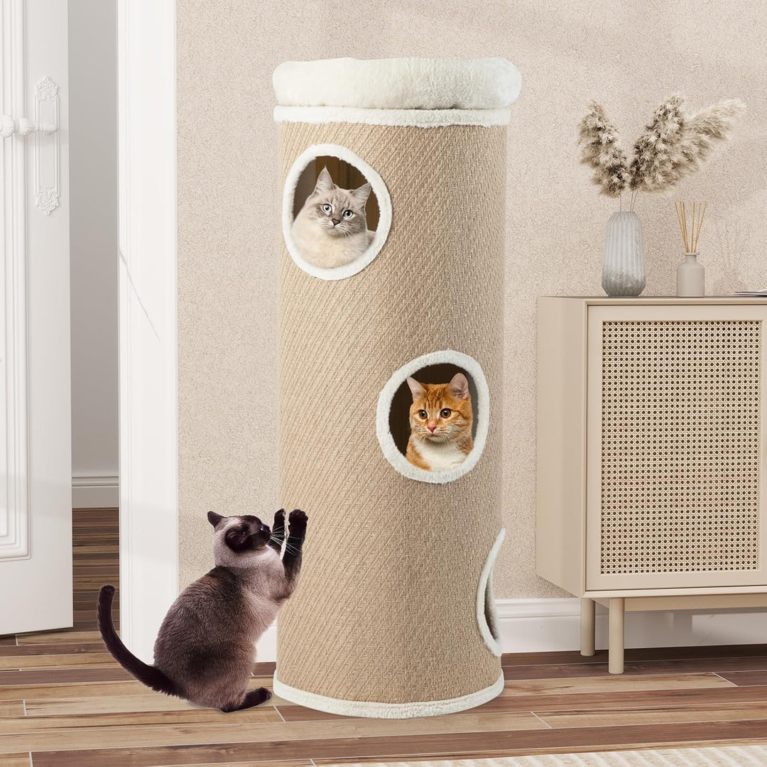 GYMAX Kratztonne Ø 40 cm, Höhe 103 cm, 3-stöckige Katzentonne mit gepolsterter Aussichtsplattform, 2