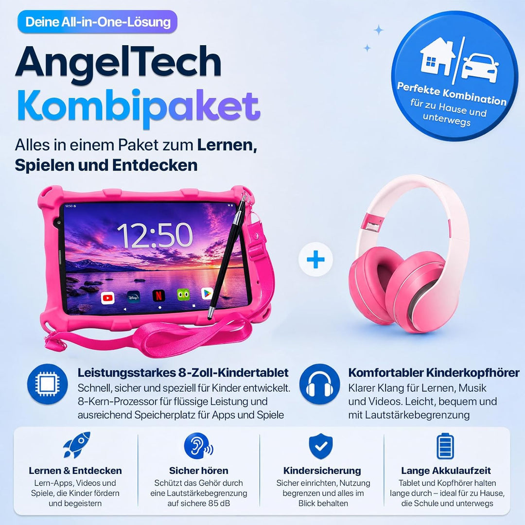 AngelTech Kinderpaket PRO MAX - Kinder Tablet PRO MAX + Kinder Kopfhörer - Android 14 - Kombi Paket