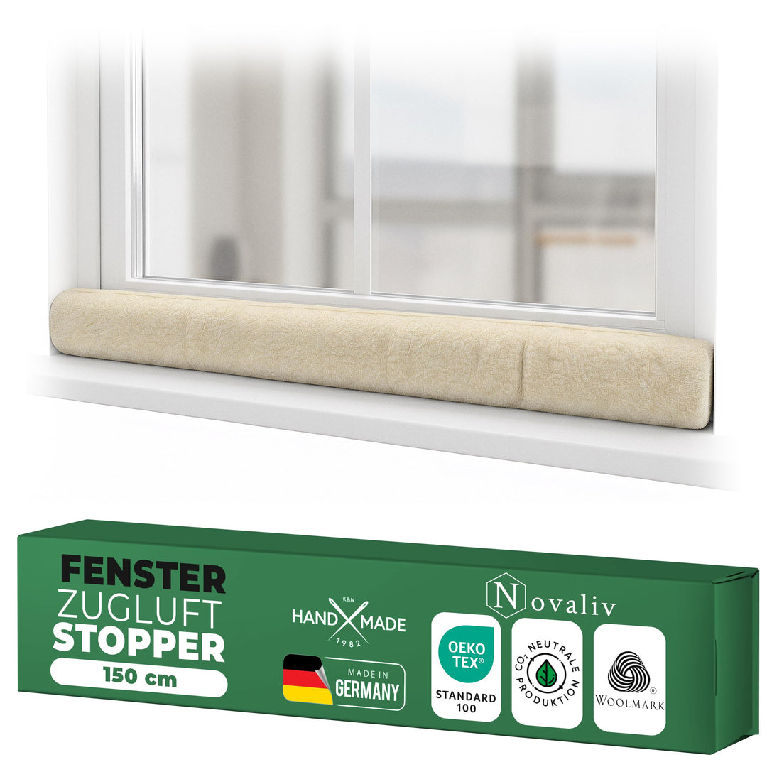 Zugluftstopper für Fenster 150cm Natur Schurwolle – stoppt Zugluft & Kälte, dämpft Lärm/Staub/Licht,