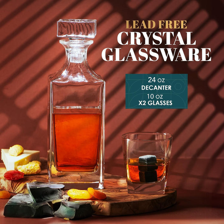 Whisky Geschenkset – Whiskey Gläser, Karaffe, Steine, Eiszange, Untersetzer, Holzkiste, Samtbeutel,