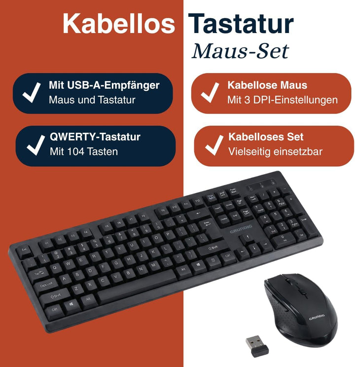 Grundig Kabelloses Tastatur- und Maus-Set - QWERTY mit 104 Tasten - Computermaus mit 3 DPI-Stufen -
