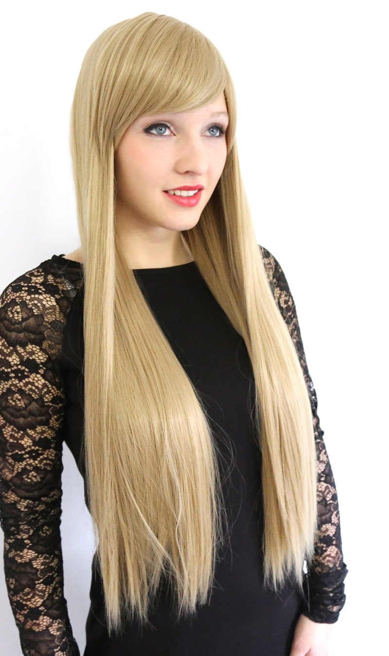 Prettyland Damen Blond Langhaar-Perücke Glatte Volumen lange Perücke mit Pony Wig für Halloween Cosp