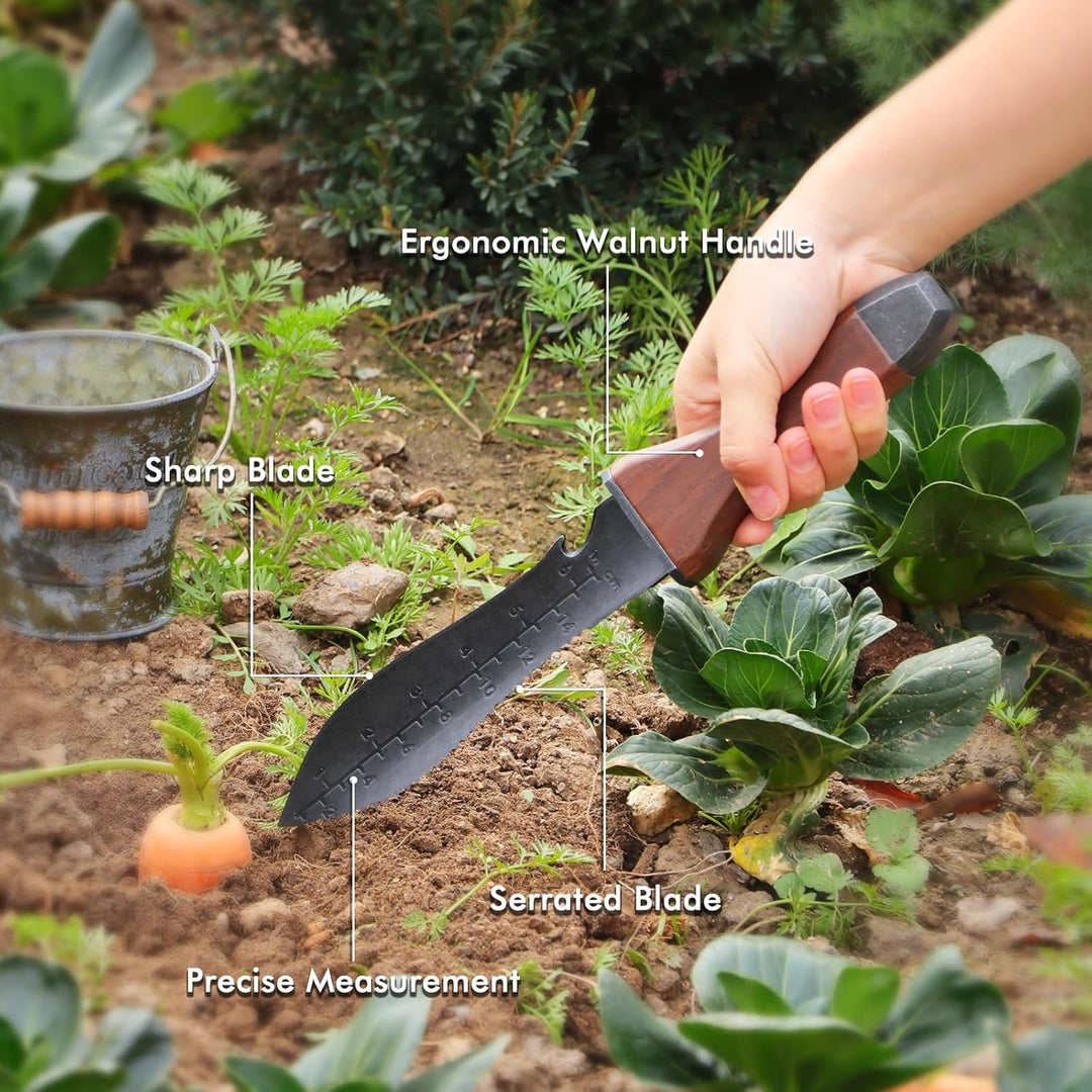 Restmo Hori Hori Gartenmesser, Doppelseitige Edelstahlklinge mit Sägezahnung, Tiefenskala & Nylonsch