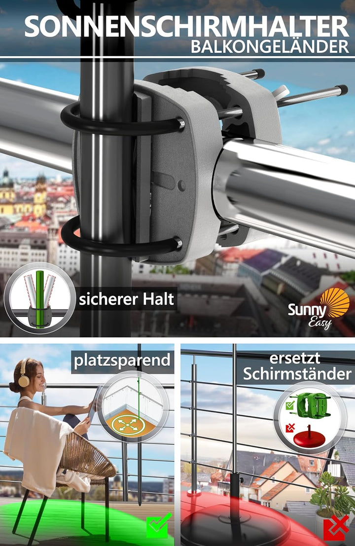 4smile Sonnenschirm Balkon SunnyShade, 3-in-1 SET, Anthrazit - UPF 50+ Sonnenschirm rechteckig 200 x