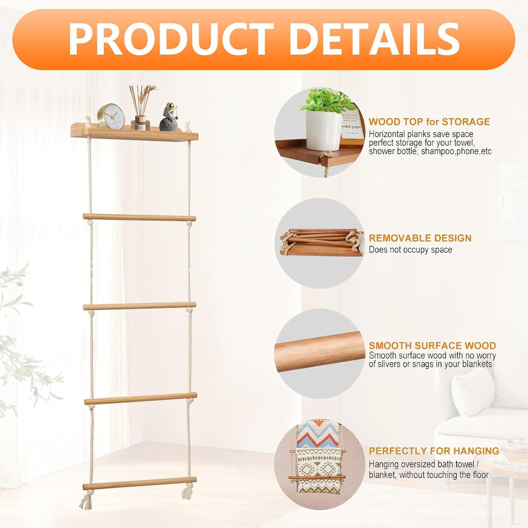Handtuchleiter, 5-Schicht Handtuchregal Badezimmer Wand Montage Strickleiter Handtuchständer Holz mi