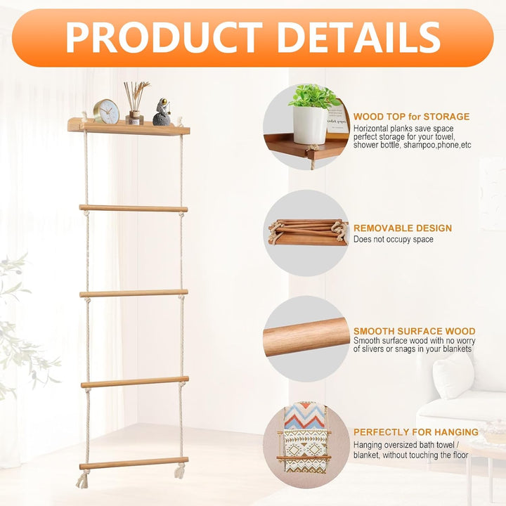 Handtuchleiter, 5-Schicht Handtuchregal Badezimmer Wand Montage Strickleiter Handtuchständer Holz mi