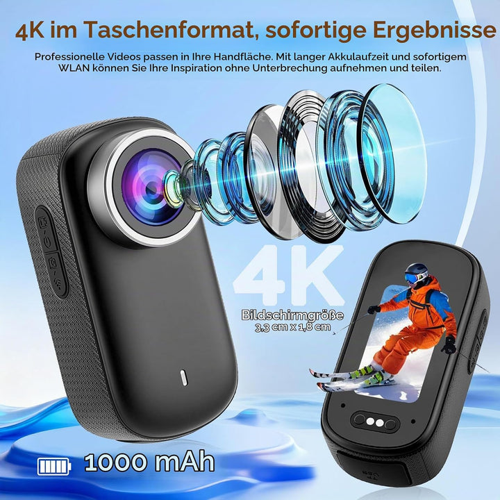 4K Action Kamera, Mini Bodycam mit 180° Drehbarem Bildschirm, Magnetische Freihändig POV Kamera mit