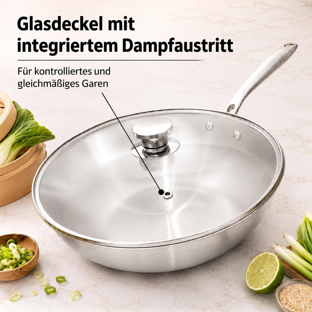 ⌀30 cm Wok Pfanne aus Edelstahl, unbeschichtet &amp; langlebig, 3-lagiges Material für optimale Wärmever