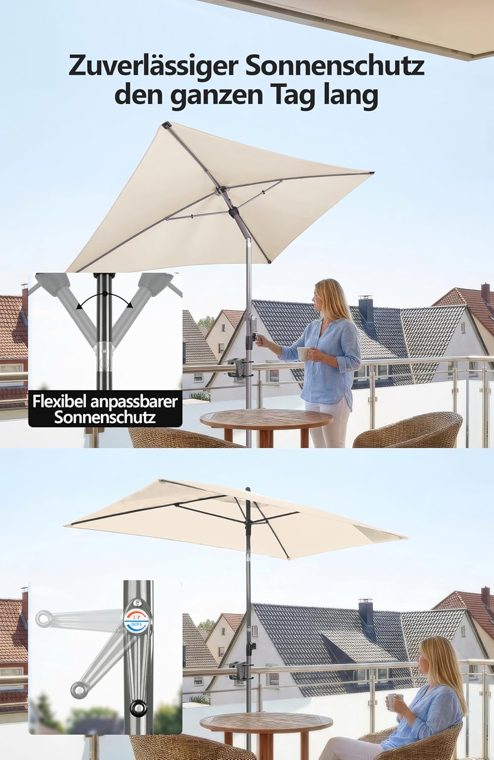 4smile Sonnenschirm Balkon mit Kurbel, Sonnenschutz Balkon mit Schutzhülle, Sonnenschirm rechteckig