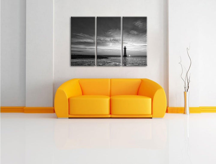 Pixxprint Leuchtturm im Sonnenuntergang / 3-Teilig/Gesamtmass 120cm Leinwandbild bespannt auf Holzra