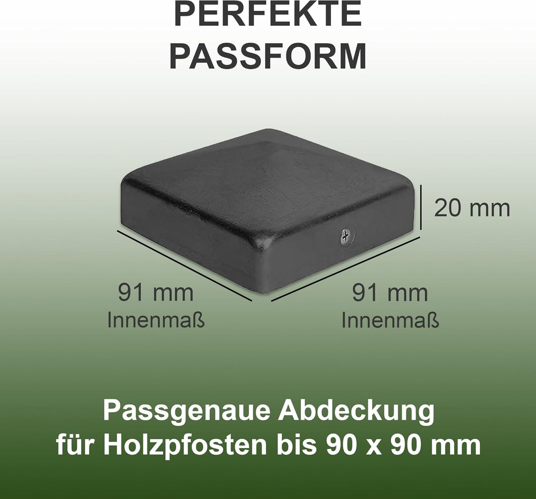 h2i Pfostenkappe | Stahl Schwarz pulverbeschichtet | 91 x 91 mm | 10 Stück | Abdeckkappe für Garten