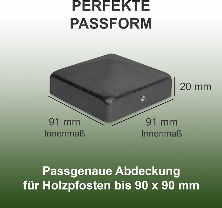 h2i Pfostenkappe | Stahl Schwarz pulverbeschichtet | 91 x 91 mm | 10 Stück | Abdeckkappe für Garten