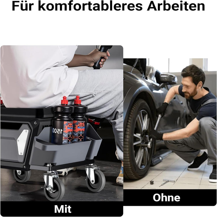 Wiltec Rollsitz 53 x 38 x 38 cm bis 120 kg, Werkstatthocker mit Rollen, Rollhocker mit Werkzeugablag