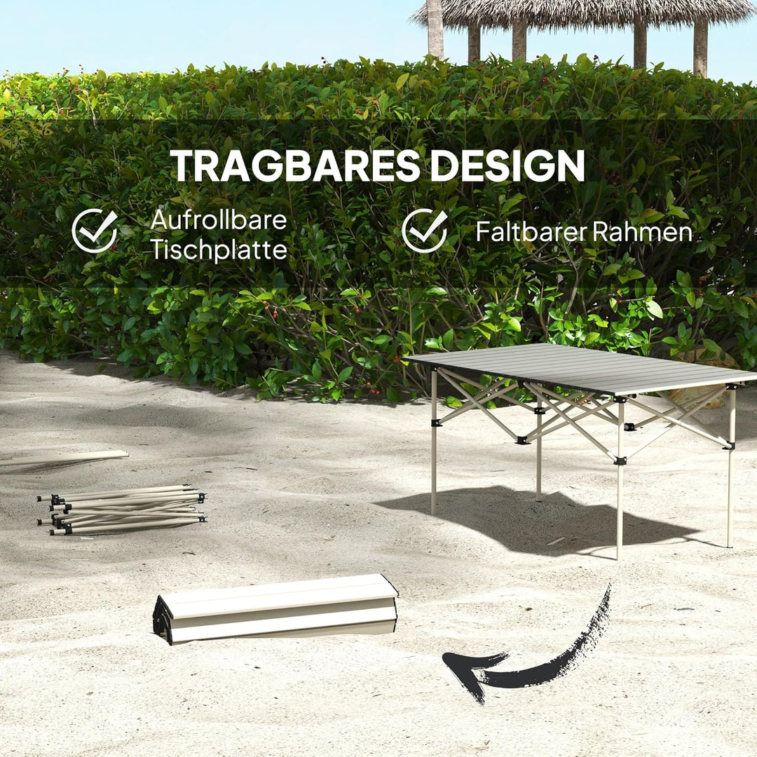 Outsunny Campingtisch Klapptisch mit Aufrollbare Tischplatte X-Rahmen Gartentisch aus Aluminium leic
