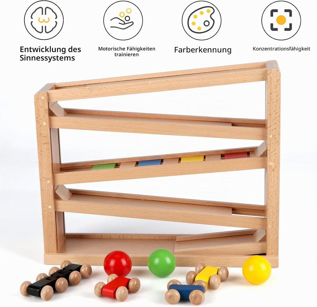 Jacootoys Holzautorampe Kugelbahn Spiel Rennstrecke 5 Schichten Racer Spielzeug Set 4 Autos 3 Bälle