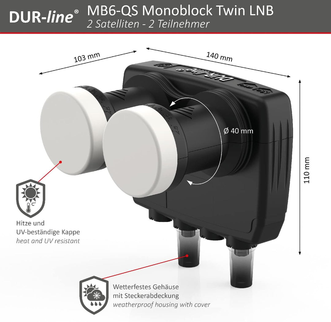 DUR-line 6° Monoblock Twin LNB - Astra 19,2°E + Hotbird 13°E - 2 Teilnehmer & 2 Satelliten (MB6-TW)