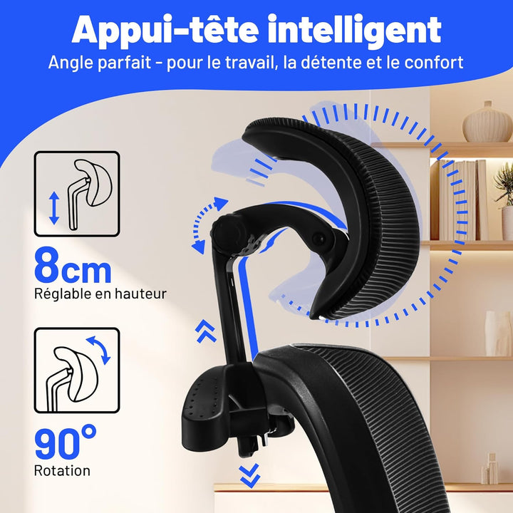 Bürostuhl Ergonomisch mit Kopfstütze, Verstellbarer Lendenwirbelstütze & Netzbespannung, Höhenverste
