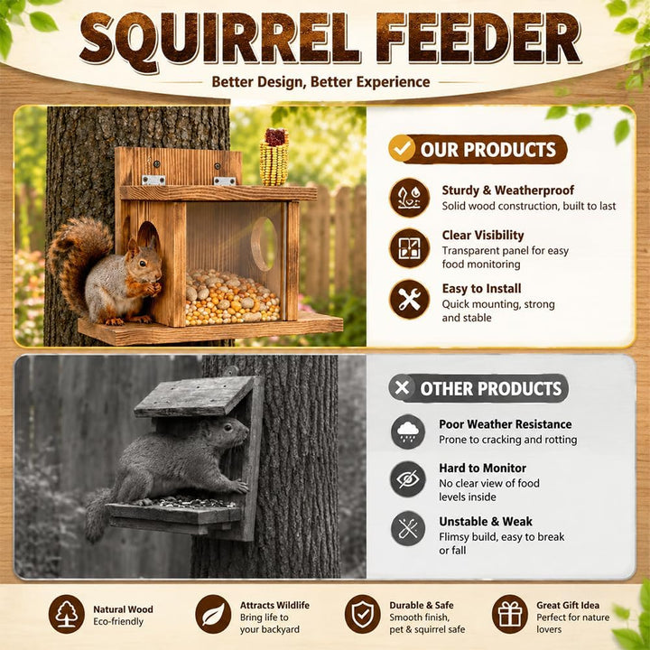 NAVESO Wooden Squirrel Feeder,Squirrel House Nesting Box for Nuts Corn, Peanuts,Squirrel Feeding Sta