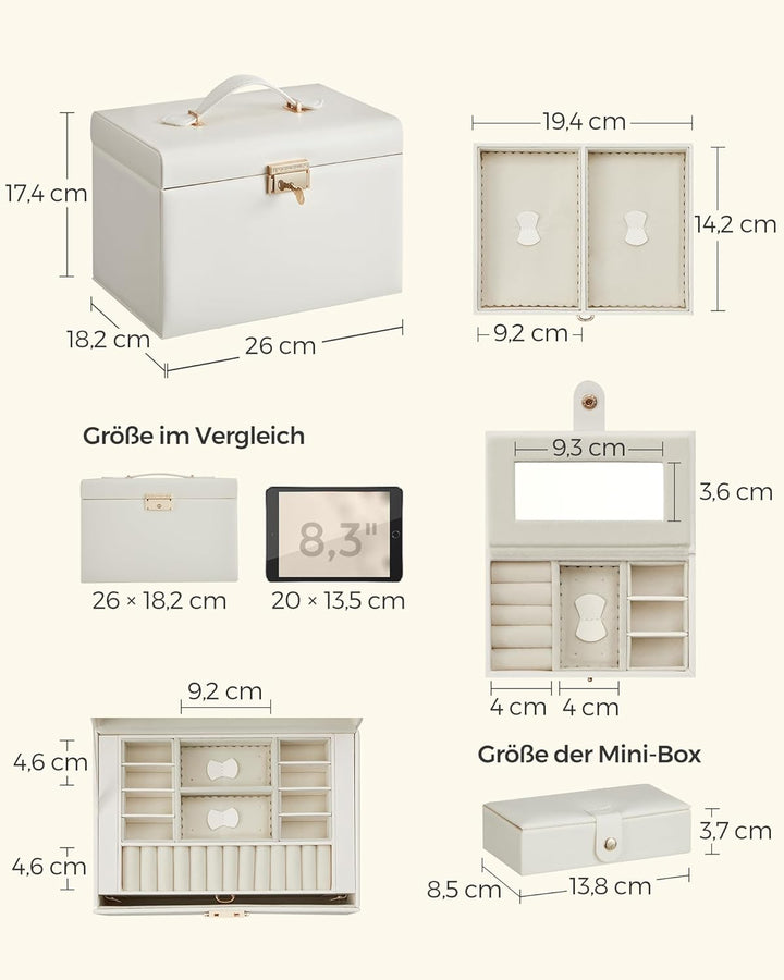 SONGMICS Schmuckkästchen 3 Ebenen, Schmuckkasten 2 Schubladen, tragbare Mini-Box für Reisen, mit Gri