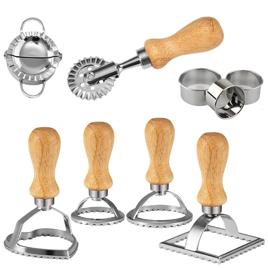 Ravioli Ausstecher 5er Set – Ravioli Former &amp; Teigrädchen mit Holzgriff | Herzform Rund Eckig | Ravi