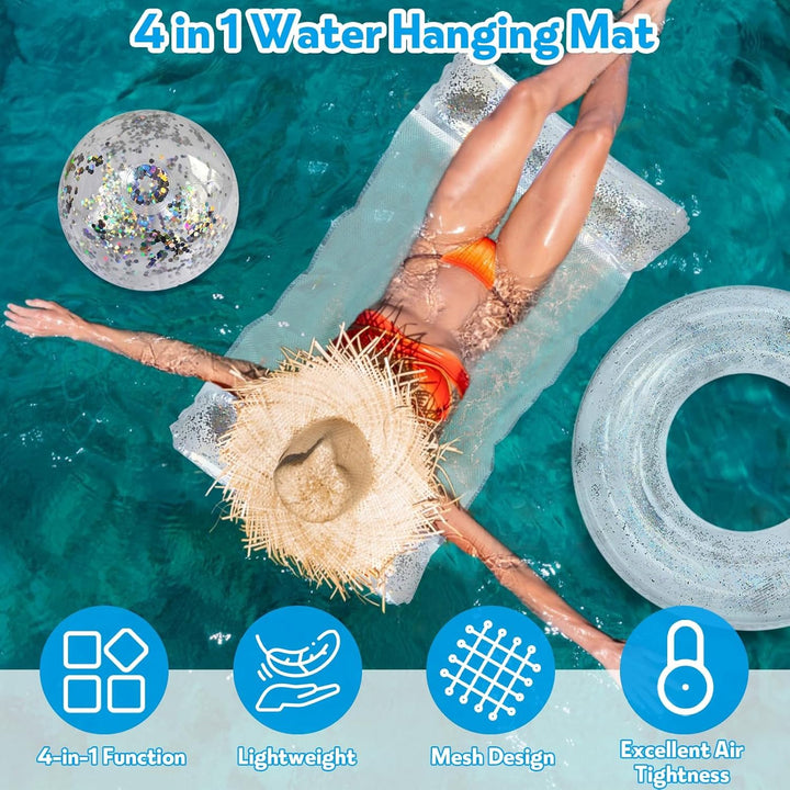4 Stück Luftmatratze Pool, Pailletten Wasserspielzeug Wasserhängematte mit Schwimmring Wasserball Pu
