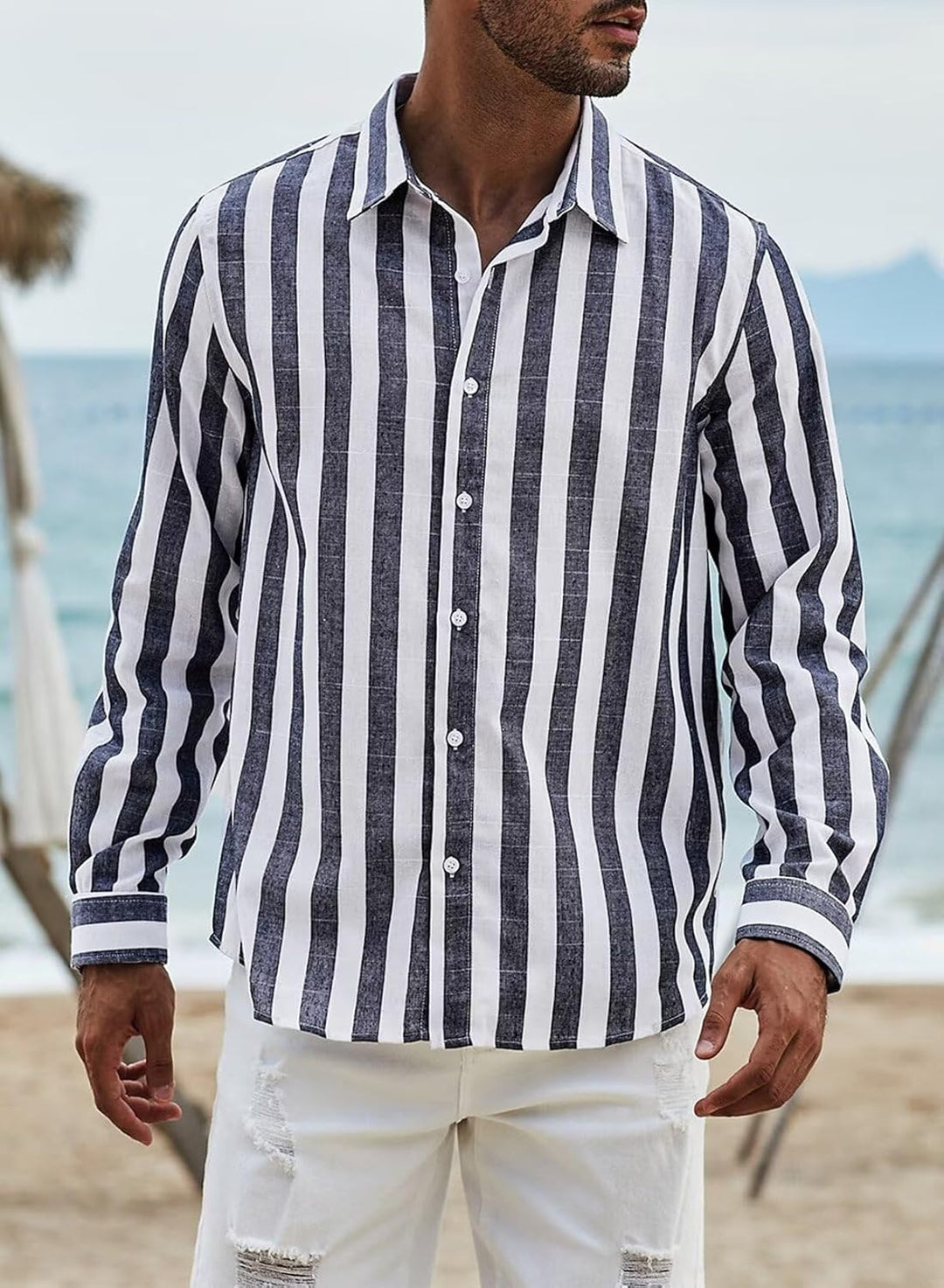 Meilicloth Herren Hemd Langarm Sommer Gestreifte Freizeithemden Casual mit Knöpfen Regular Fit S A N